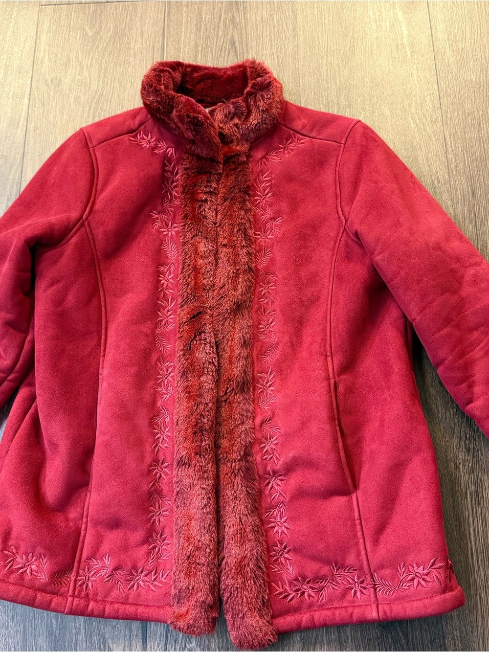 L.L. Bean Red Faux-Fur Trim Pea Coat